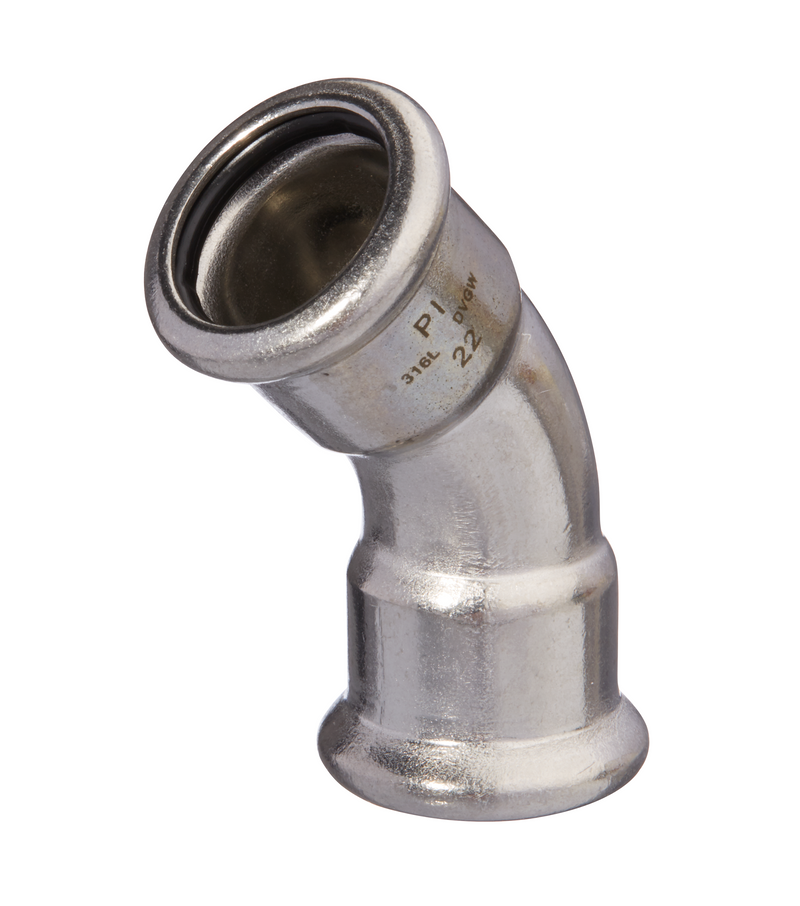 45° Stainless Steel Press-Fit Female/Female Elbow with Gas Seals