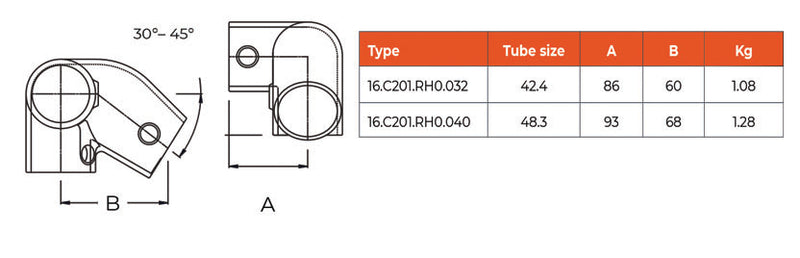 C201RH Right Hand Level to Sloping Down Side Outlet Elbow 30° to 45°