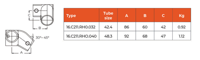 C211RH.C211 Right Hand Level to Sloping Down Side Outlet Tee 30° to 45°