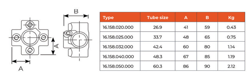 C24.158 4 Way Cross + Central Tube - Handrail Fitting